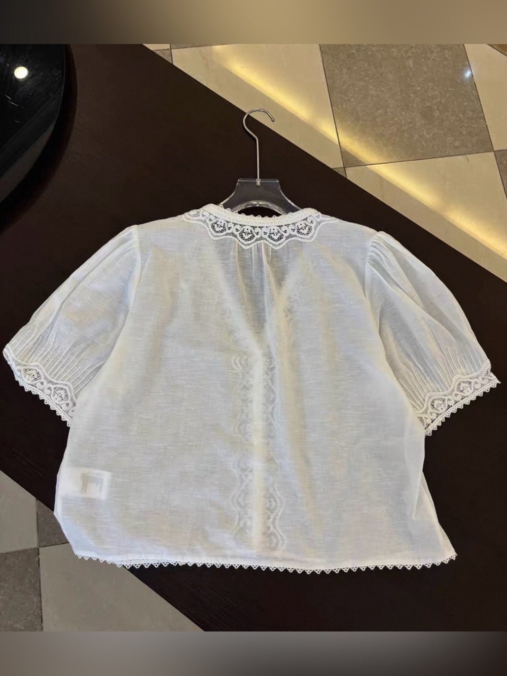 White Lace-Trim Puff Sleeve Blouse - Women Tops - Picture 2 of 2
